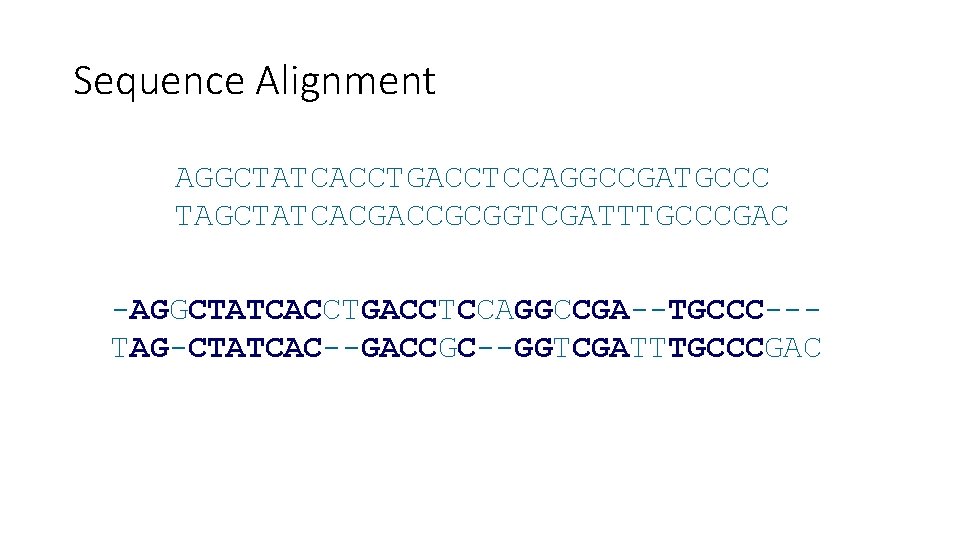 Sequence Alignment AGGCTATCACCTGACCTCCAGGCCGATGCCC TAGCTATCACGACCGCGGTCGATTTGCCCGAC -AGGCTATCACCTGACCTCCAGGCCGA--TGCCC--TAG-CTATCAC--GACCGC--GGTCGATTTGCCCGAC 