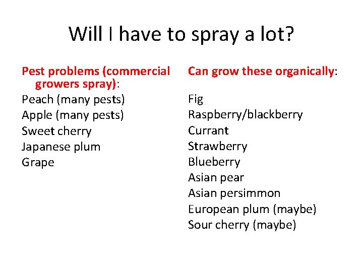 Will I have to spray a lot? Pest problems (commercial growers spray): Peach (many