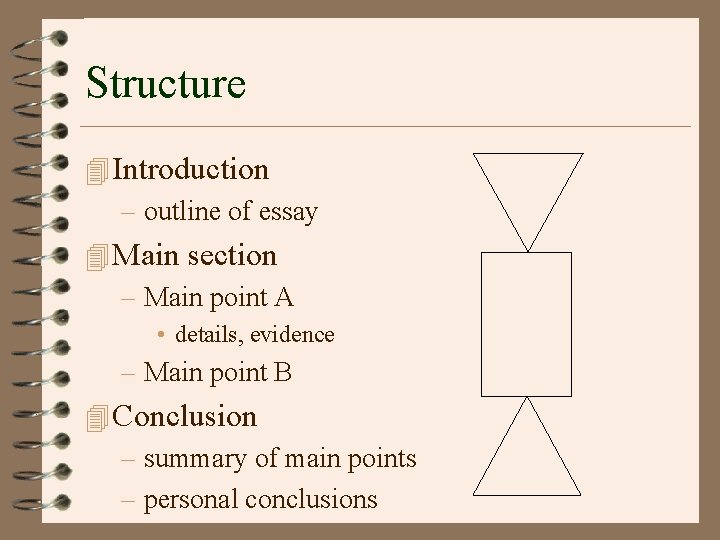 Structure 4 Introduction – outline of essay 4 Main section – Main point A Structure 4 Introduction – outline of essay 4 Main section – Main point A