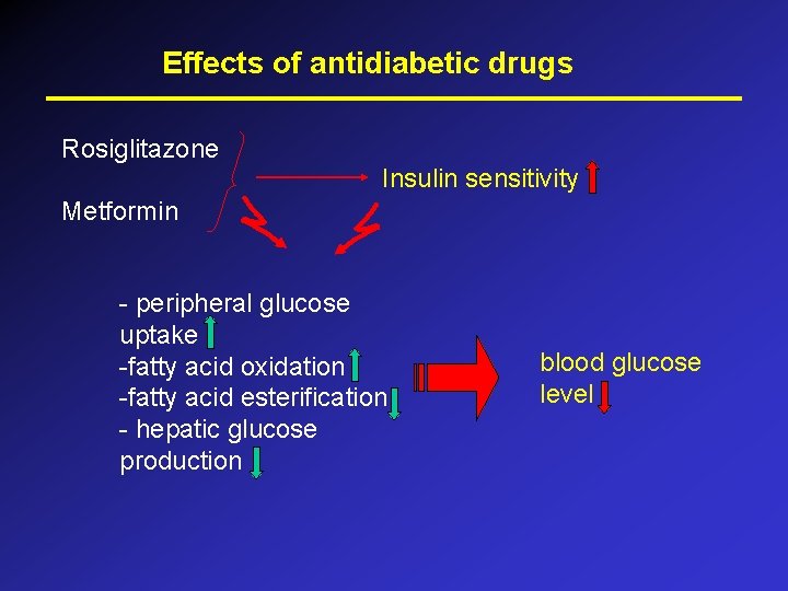 Effects of antidiabetic drugs Rosiglitazone Insulin sensitivity Metformin - peripheral glucose uptake -fatty acid