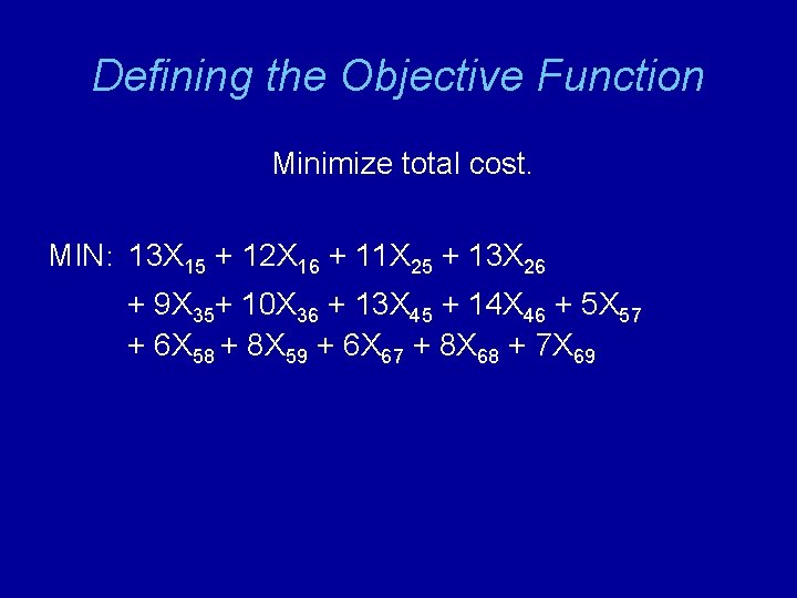 Defining the Objective Function Minimize total cost. MIN: 13 X 15 + 12 X