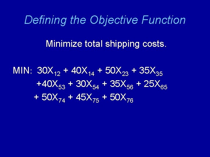 Defining the Objective Function Minimize total shipping costs. MIN: 30 X 12 + 40