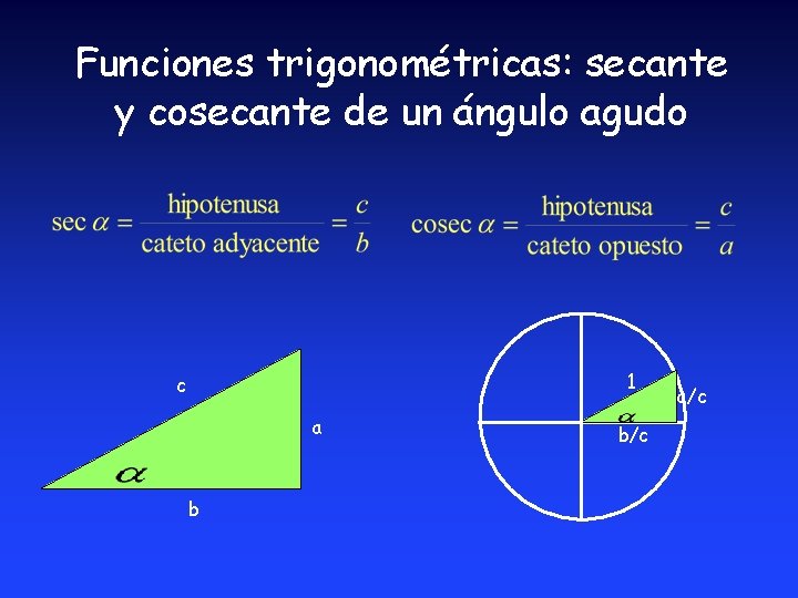 Funciones trigonométricas: secante y cosecante de un ángulo agudo 1 c a b b/c Funciones trigonométricas: secante y cosecante de un ángulo agudo 1 c a b b/c