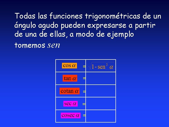 Todas las funciones trigonométricas de un ángulo agudo pueden expresarse a partir de una Todas las funciones trigonométricas de un ángulo agudo pueden expresarse a partir de una