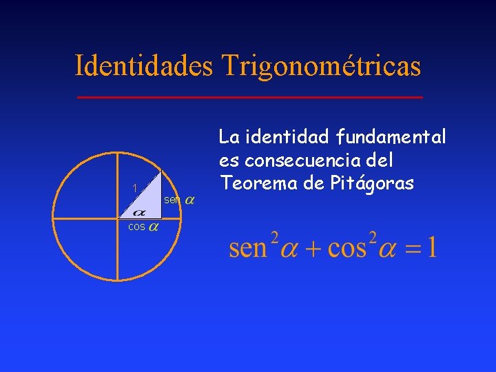 Identidades Trigonométricas 1 cos sen La identidad fundamental es consecuencia del Teorema de Pitágoras Identidades Trigonométricas 1 cos sen La identidad fundamental es consecuencia del Teorema de Pitágoras