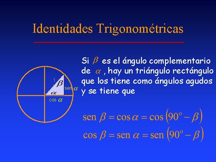 Identidades Trigonométricas 1 sen cos Si es el ángulo complementario de , hay un Identidades Trigonométricas 1 sen cos Si es el ángulo complementario de , hay un