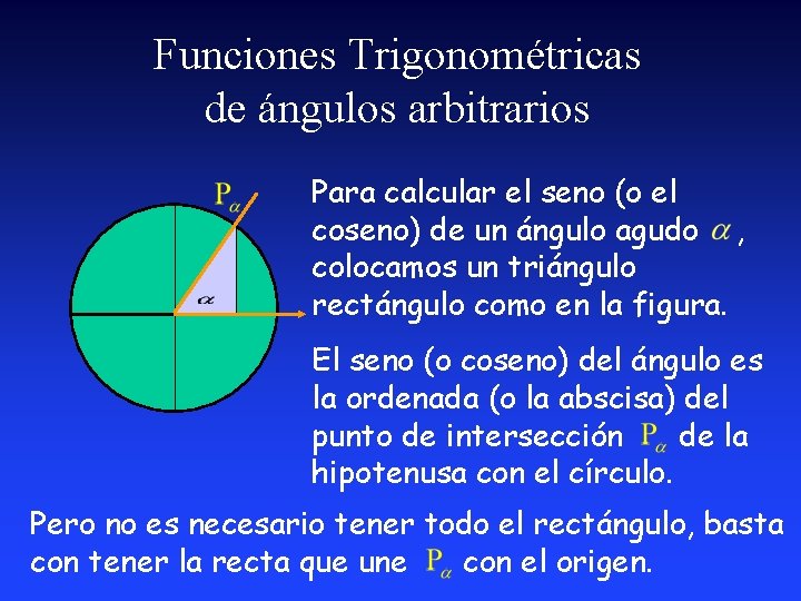 Funciones Trigonométricas de ángulos arbitrarios Para calcular el seno (o el coseno) de un Funciones Trigonométricas de ángulos arbitrarios Para calcular el seno (o el coseno) de un