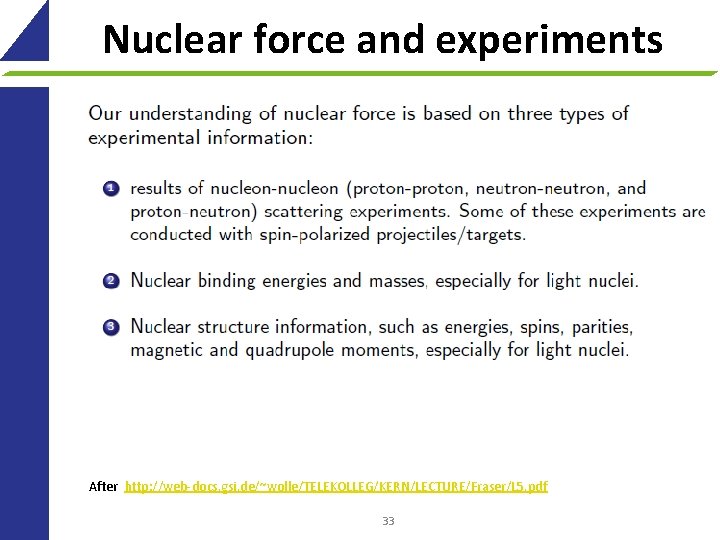 Nuclear force and experiments After http: //web-docs. gsi. de/~wolle/TELEKOLLEG/KERN/LECTURE/Fraser/L 5. pdf 33 