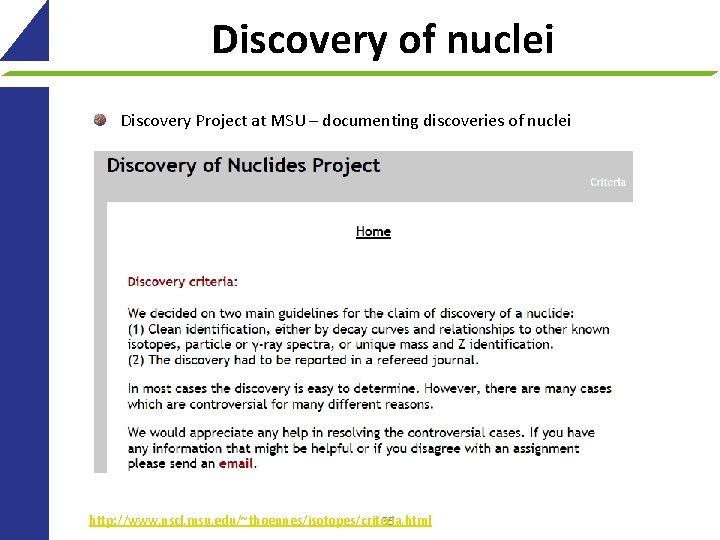 Discovery of nuclei Discovery Project at MSU – documenting discoveries of nuclei 35 http: