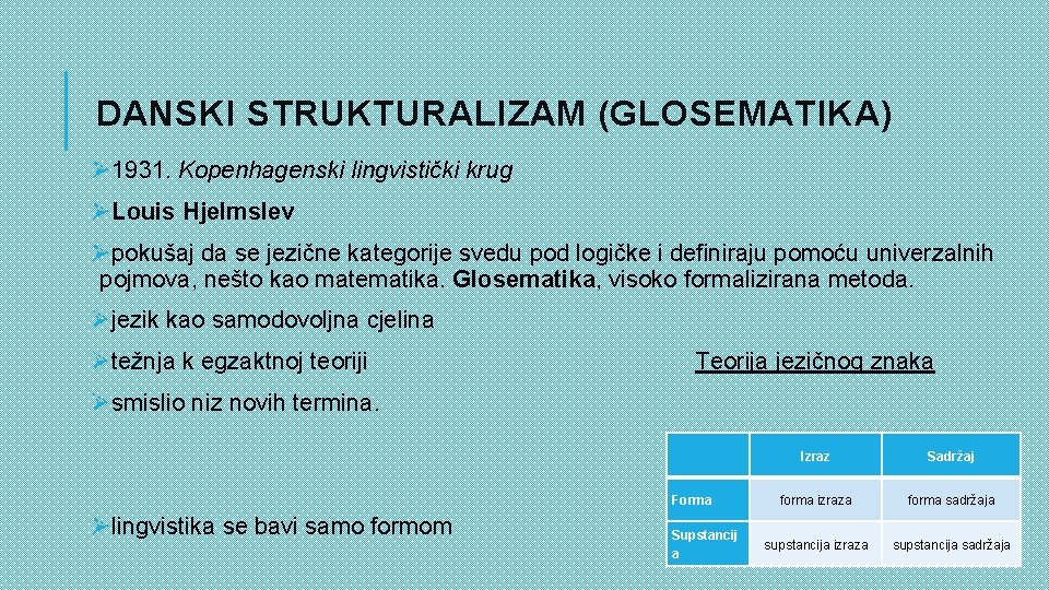 DANSKI STRUKTURALIZAM (GLOSEMATIKA) Ø 1931. Kopenhagenski lingvistički krug ØLouis Hjelmslev Øpokušaj da se jezične