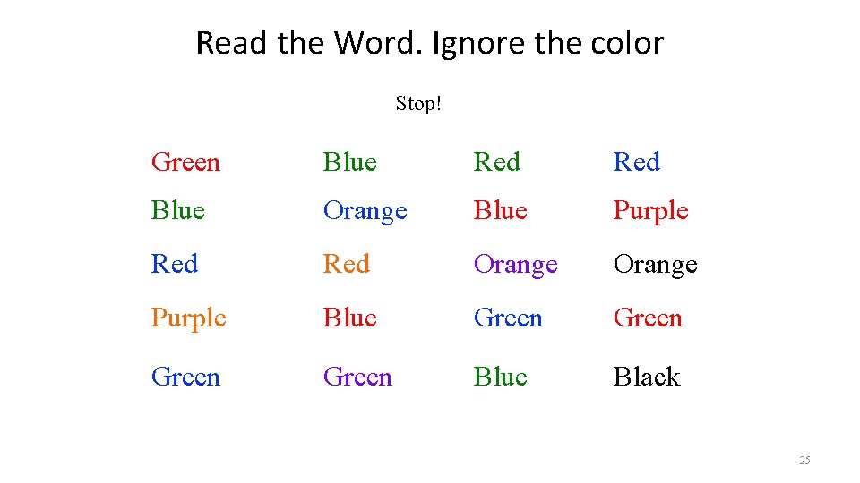 Read the Word. Ignore the color Stop! Green Blue Red Blue Orange Blue Purple