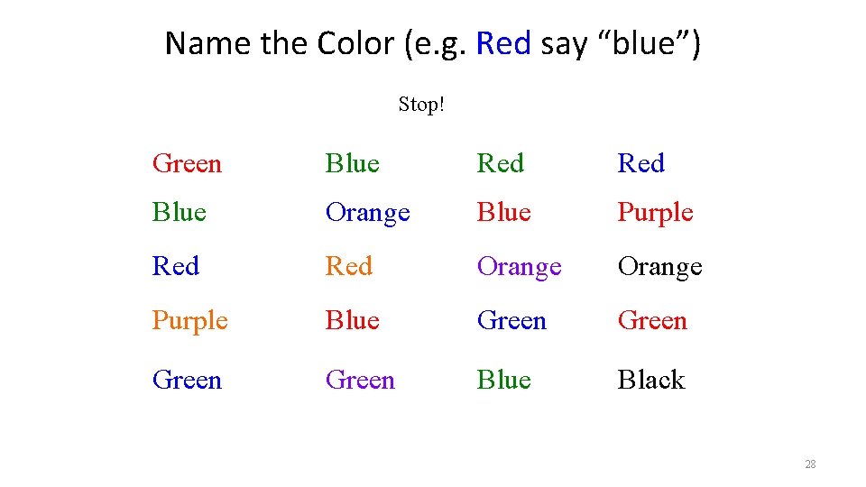 Name the Color (e. g. Red say “blue”) Stop! Green Blue Red Blue Orange