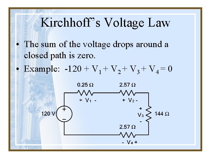 Kirchhoff’s Voltage Law • The sum of the voltage drops around a closed path