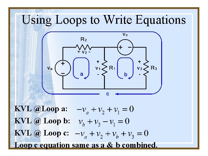 Using Loops to Write Equations KVL @Loop a: KVL @ Loop b: KVL @