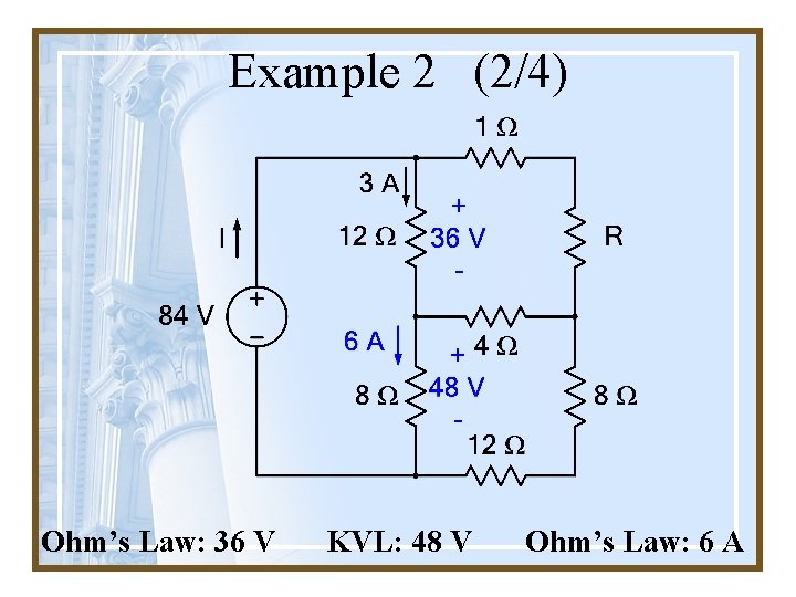 Example 2 (2/4) Ohm’s Law: 36 V KVL: 48 V Ohm’s Law: 6 A
