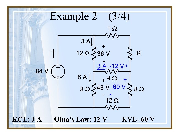 Example 2 KCL: 3 A Ohm’s Law: 12 V (3/4) KVL: 60 V 