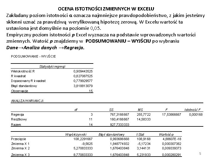 OCENA ISTOTNOŚCI ZMIENNYCH W EXCELU Zakładany poziom istotności α oznacza najmniejsze prawdopodobieństwo, z jakim