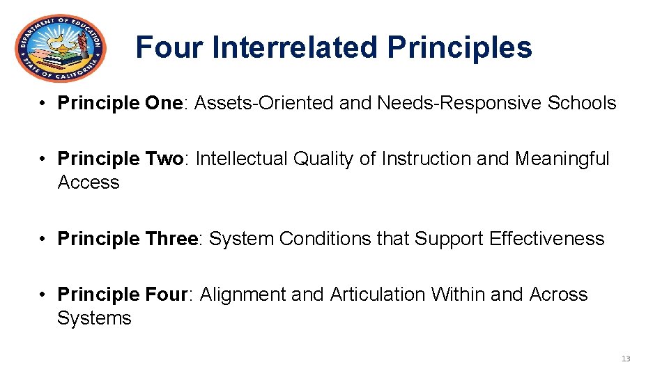 Four Interrelated Principles • Principle One: Assets-Oriented and Needs-Responsive Schools • Principle Two: Intellectual