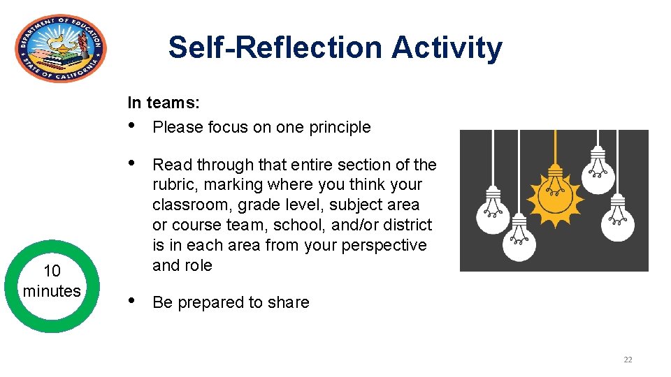 Self-Reflection Activity In teams: • Please focus on one principle 10 minutes • Read Self-Reflection Activity In teams: • Please focus on one principle 10 minutes • Read