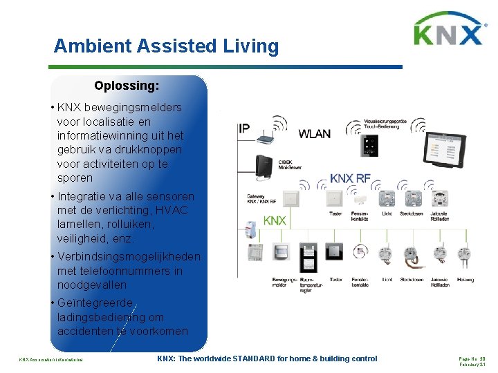 Ambient Assisted Living Oplossing: • KNX bewegingsmelders voor localisatie en informatiewinning uit het gebruik