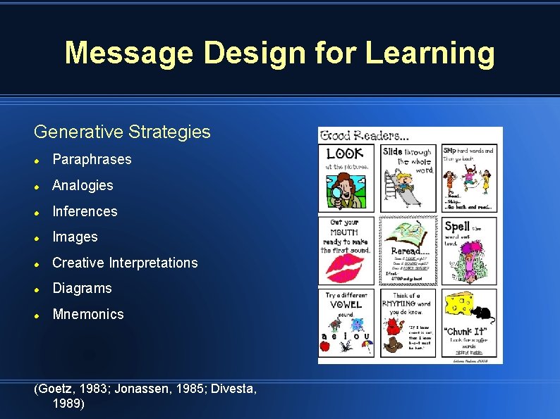 Message Design for Learning Generative Strategies Paraphrases Analogies Inferences Images Creative Interpretations Diagrams Mnemonics