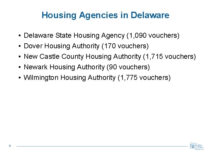 Housing Agencies in Delaware • • • 5 Delaware State Housing Agency (1, 090