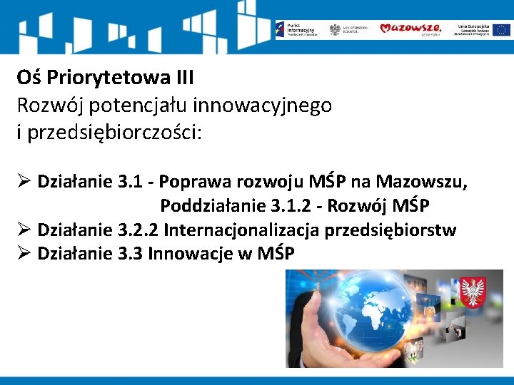 Oś Priorytetowa III Rozwój potencjału innowacyjnego i przedsiębiorczości: Ø Działanie 3. 1 - Poprawa