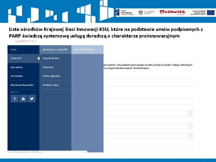 Lista ośrodków Krajowej Sieci Innowacji KSU, które na podstawie umów podpisanych z PARP świadczą