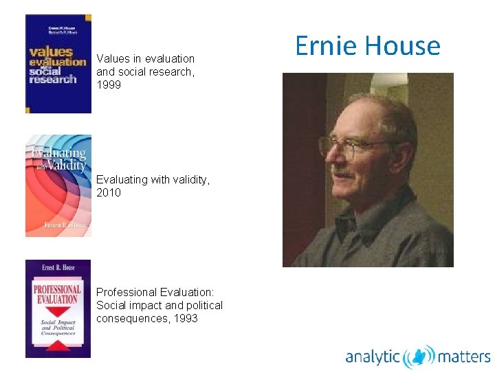 Values in evaluation and social research, 1999 Evaluating with validity, 2010 Professional Evaluation: Social
