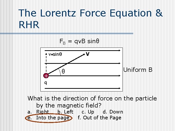 The Lorentz Force Equation & RHR FB = qv. B sinθ v sinθ +