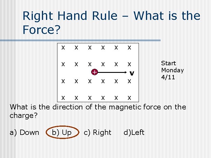 Right Hand Rule – What is the Force? x x x x v x