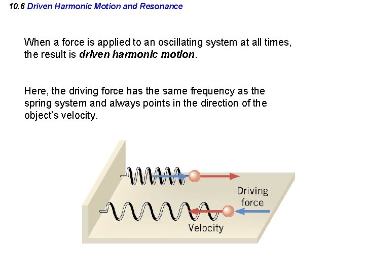 10. 6 Driven Harmonic Motion and Resonance When a force is applied to an
