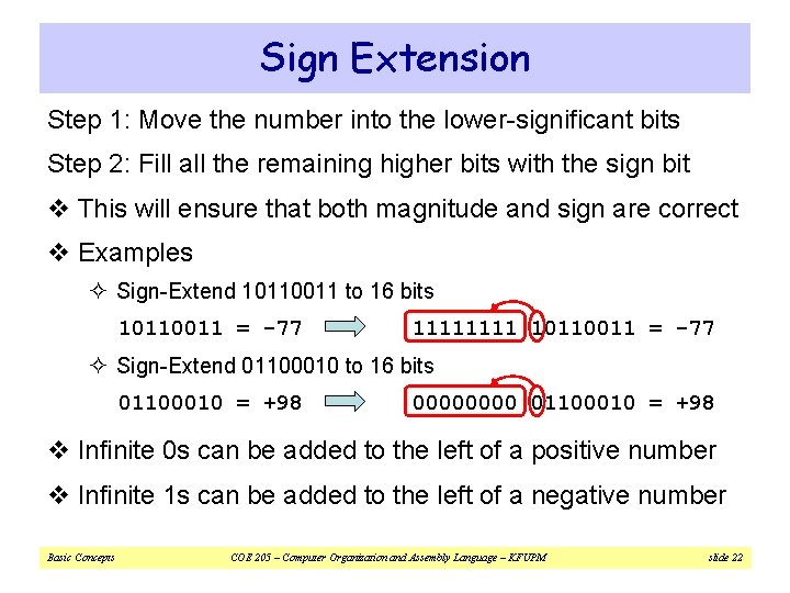 Sign Extension Step 1: Move the number into the lower-significant bits Step 2: Fill