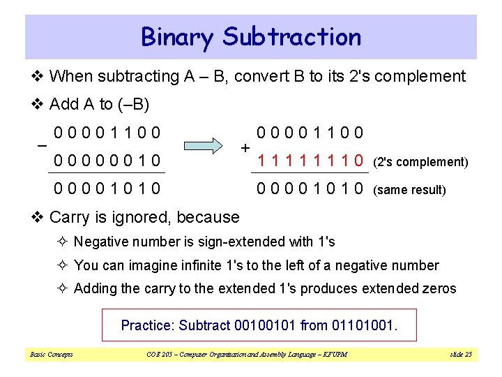 Binary Subtraction v When subtracting A – B, convert B to its 2's complement