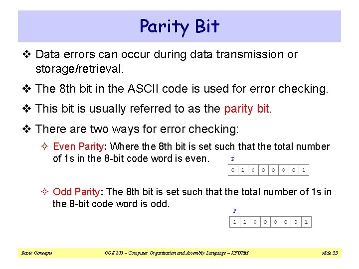 Parity Bit v Data errors can occur during data transmission or storage/retrieval. v The