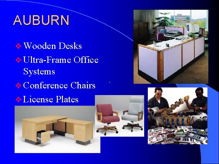 AUBURN v Wooden Desks v Ultra-Frame Office Systems v Conference Chairs v License Plates