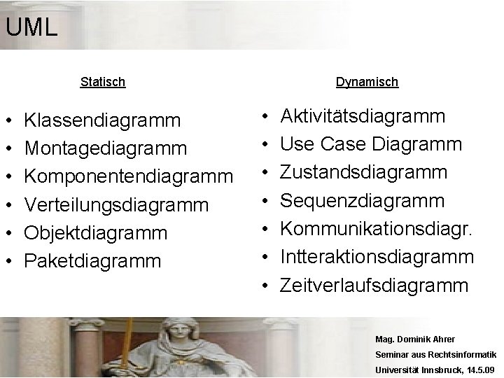 UML Statisch • • • Klassendiagramm Montagediagramm Komponentendiagramm Verteilungsdiagramm Objektdiagramm Paketdiagramm Dynamisch • •