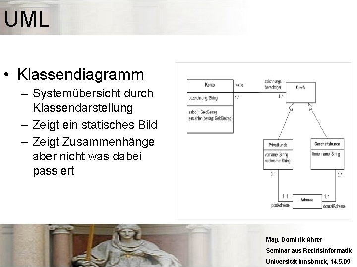 UML • Klassendiagramm – Systemübersicht durch Klassendarstellung – Zeigt ein statisches Bild – Zeigt