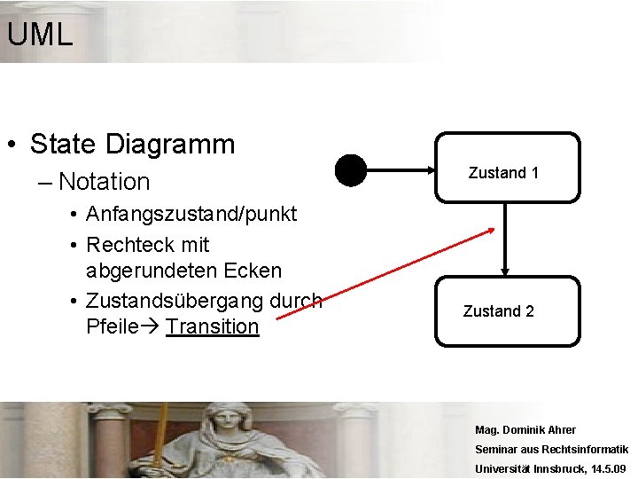 UML • State Diagramm – Notation • Anfangszustand/punkt • Rechteck mit abgerundeten Ecken •