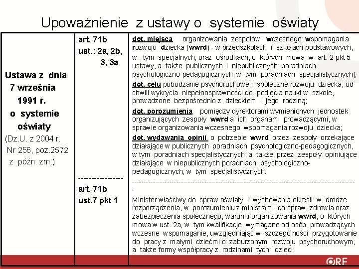 Upoważnienie z ustawy o systemie oświaty art. 71 b ust. : 2 a, 2 Upoważnienie z ustawy o systemie oświaty art. 71 b ust. : 2 a, 2