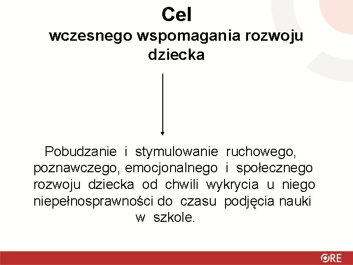 Cel wczesnego wspomagania rozwoju dziecka Pobudzanie i stymulowanie ruchowego, poznawczego, emocjonalnego i społecznego rozwoju