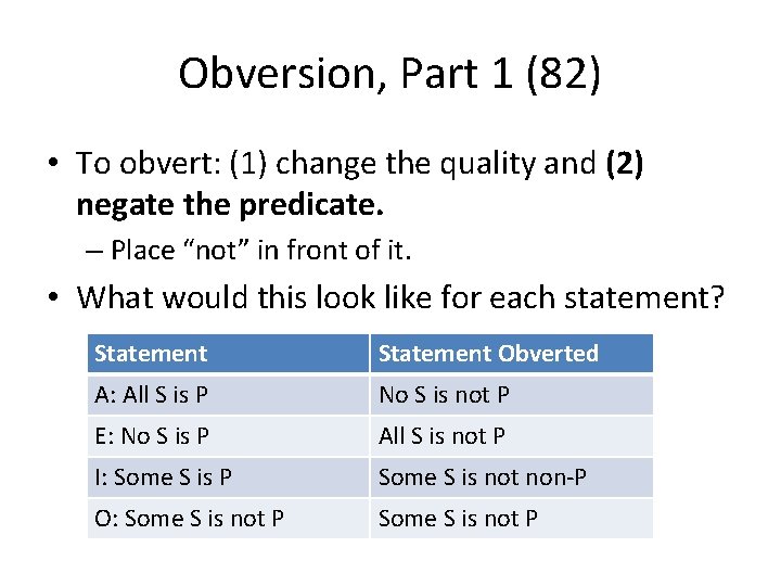 Obversion, Part 1 (82) • To obvert: (1) change the quality and (2) negate