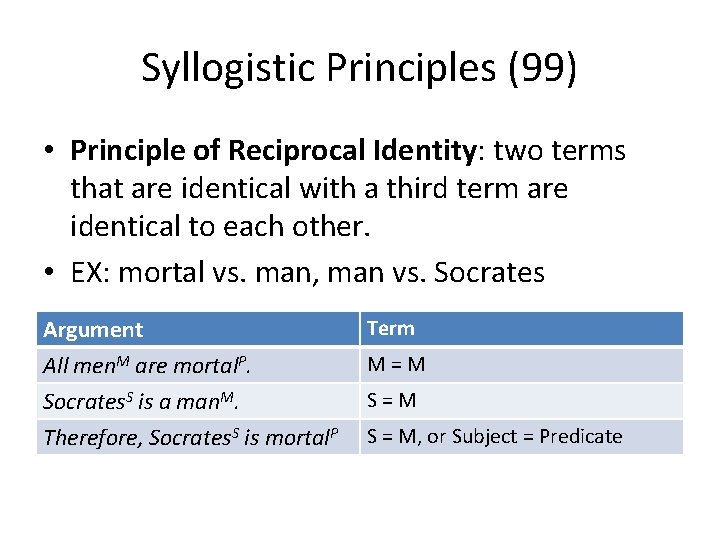 Syllogistic Principles (99) • Principle of Reciprocal Identity: two terms that are identical with