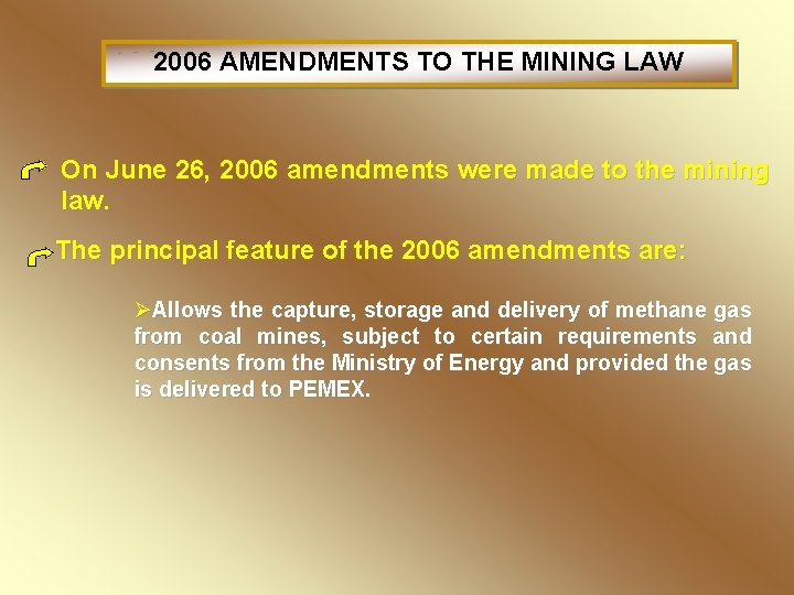 2006 AMENDMENTS TO THE MINING LAW On June 26, 2006 amendments were made to