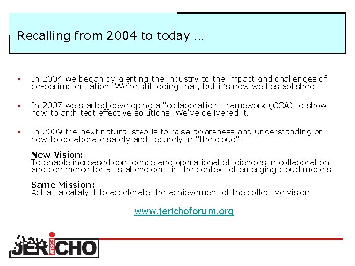 Recalling from 2004 to today … § In 2004 we began by alerting the