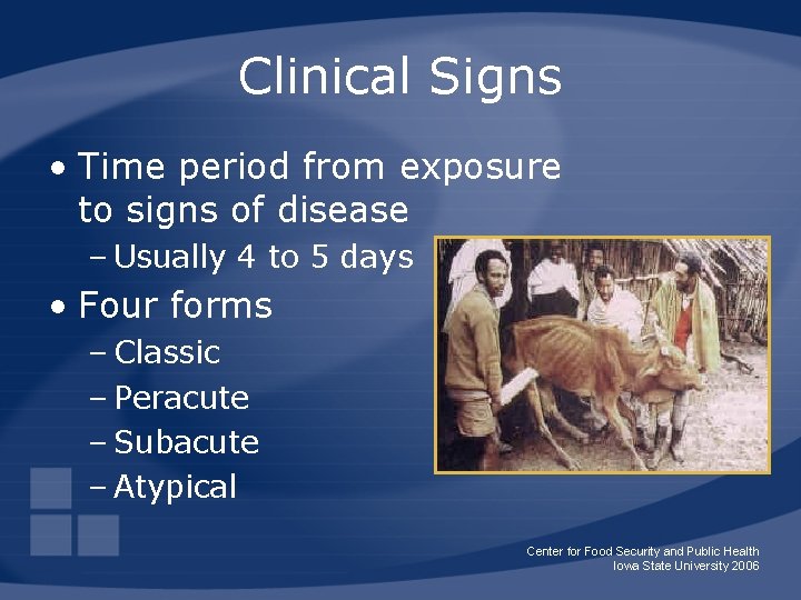 Clinical Signs • Time period from exposure to signs of disease – Usually 4