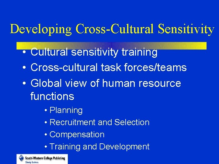 Developing Cross-Cultural Sensitivity • Cultural sensitivity training • Cross-cultural task forces/teams • Global view