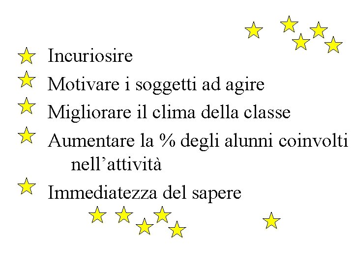 Incuriosire Motivare i soggetti ad agire Migliorare il clima della classe Aumentare la %