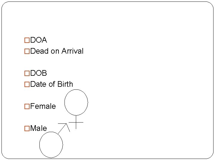 �DOA �Dead on Arrival �DOB �Date of Birth �Female �Male 
