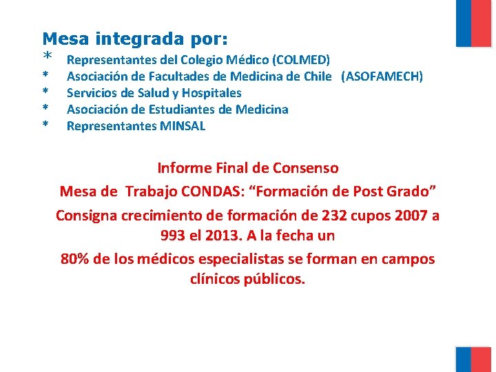 Mesa integrada por: * Representantes del Colegio Médico (COLMED) * * Asociación de Facultades